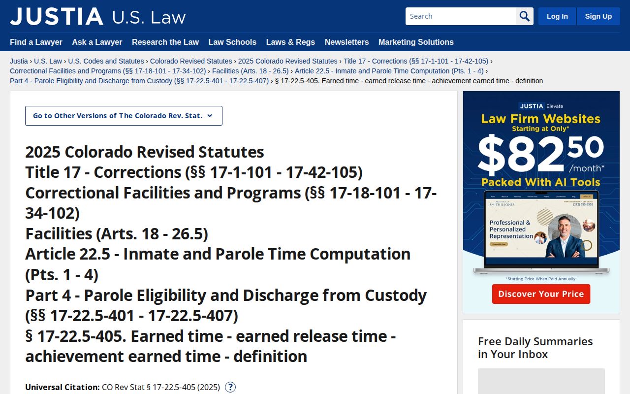 Gunnison County projected release date Colorado earned time statute source